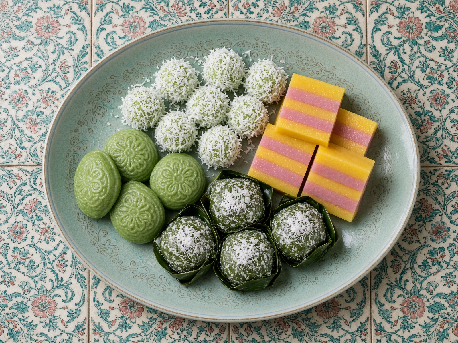Assortment of Nyonya kuih on porcelain