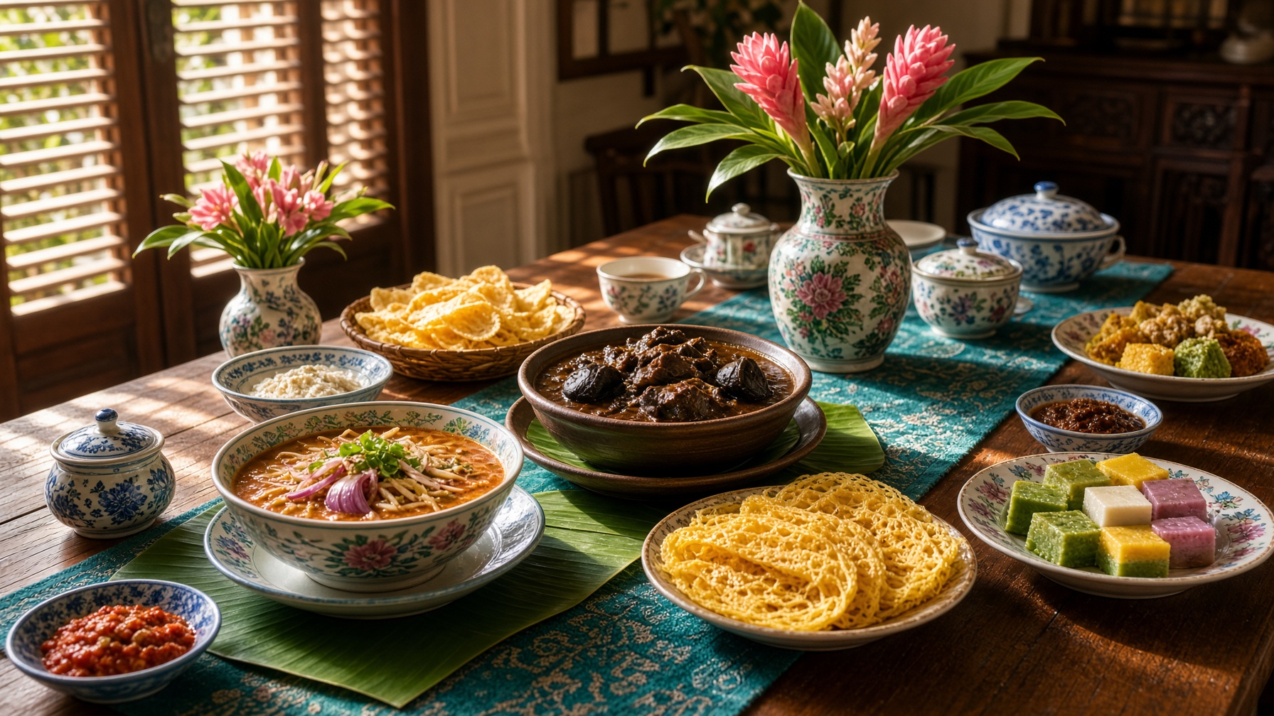 A Peranakan feast on a teak table in a George Town townhouse