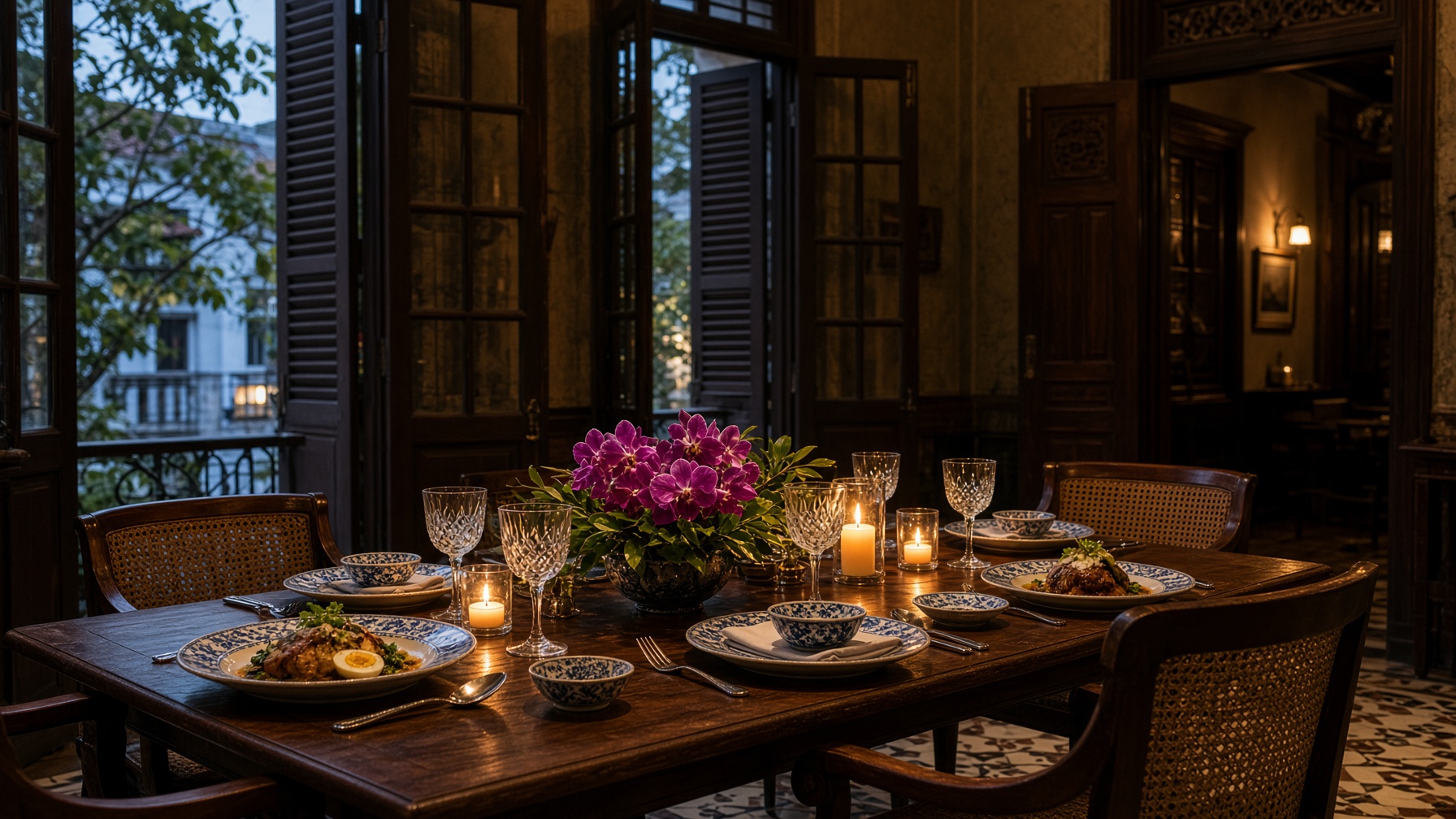 Candlelit private dining table with Nyonya porcelain